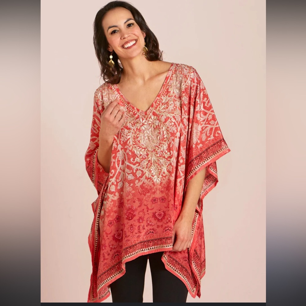 SEVYA Handmade embroidered Floral Women's‎ Kaftan Top blouse poly silk